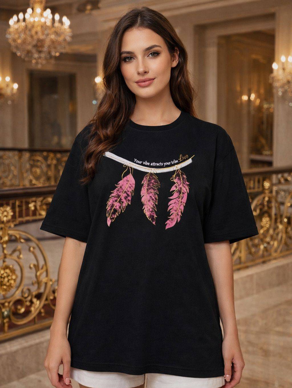 تیشرت زنانه اورسایز طرح پر مدل Dream Catcher جنس نخ پنبه در آبادان | قسطی + ارسال سریع