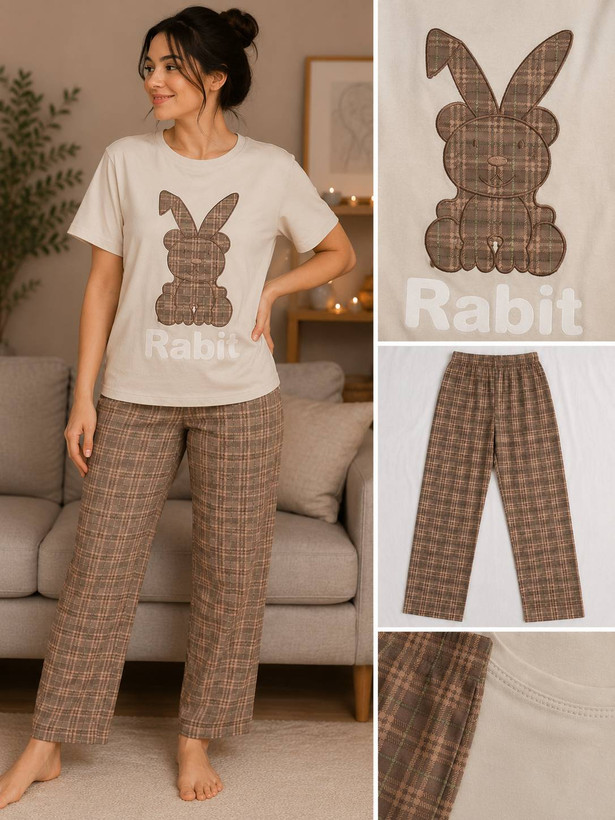 ست راحتی زنانه تیشرت و شلوار مدل Rabit ست رنگ جذاب با شلوار چهارخانه در آبادان | قسطی + ارسال سریع